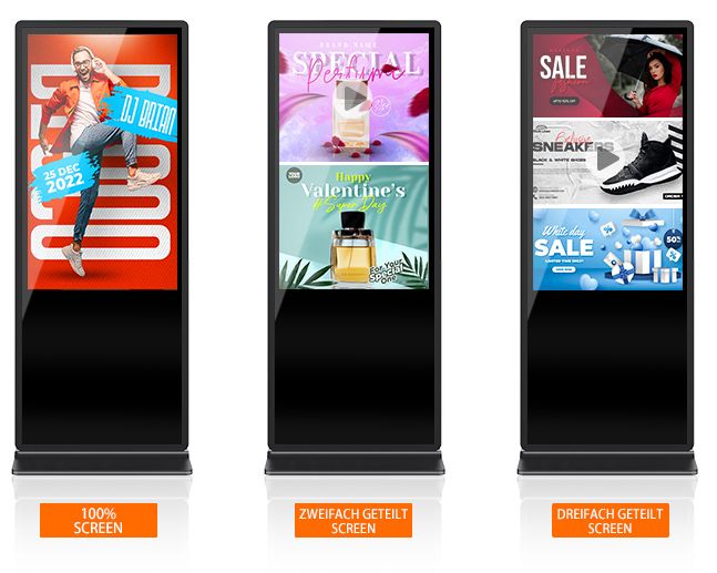 Unsere digitalen Infostelen ermöglichen die nahtlose Darstellung im Vollbildmodus sowie im zweifach oder dreifach geteilten Split-Screen. 100% Vollbild-Screen, zweifach geteilter Screen und dreifach geteilter Split-Screen für die parallele Wiedergabe von Videos und Werbebildern am POS. Das Touch-Display ist interaktiv.